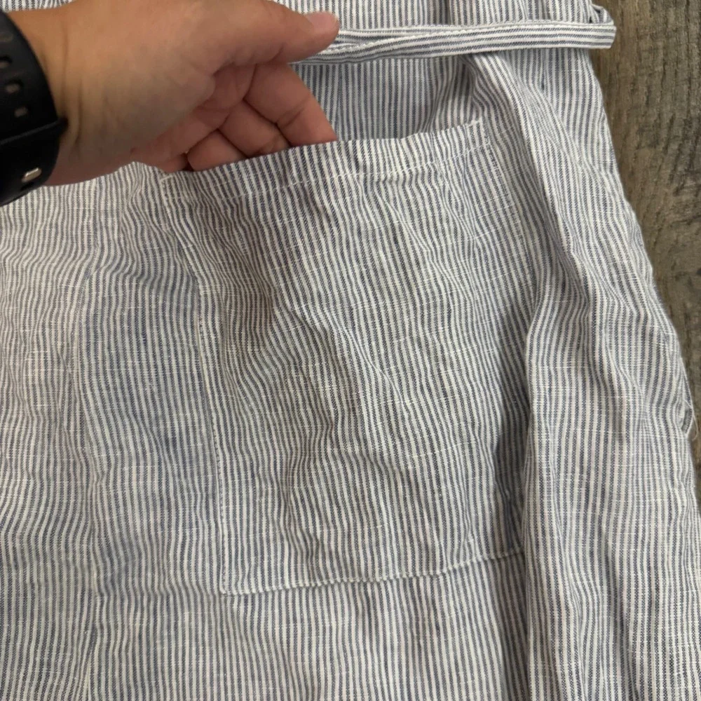 Quince 100% European Linen Pinstripe Wide Leg Belted Jumpsuit Blue White XL